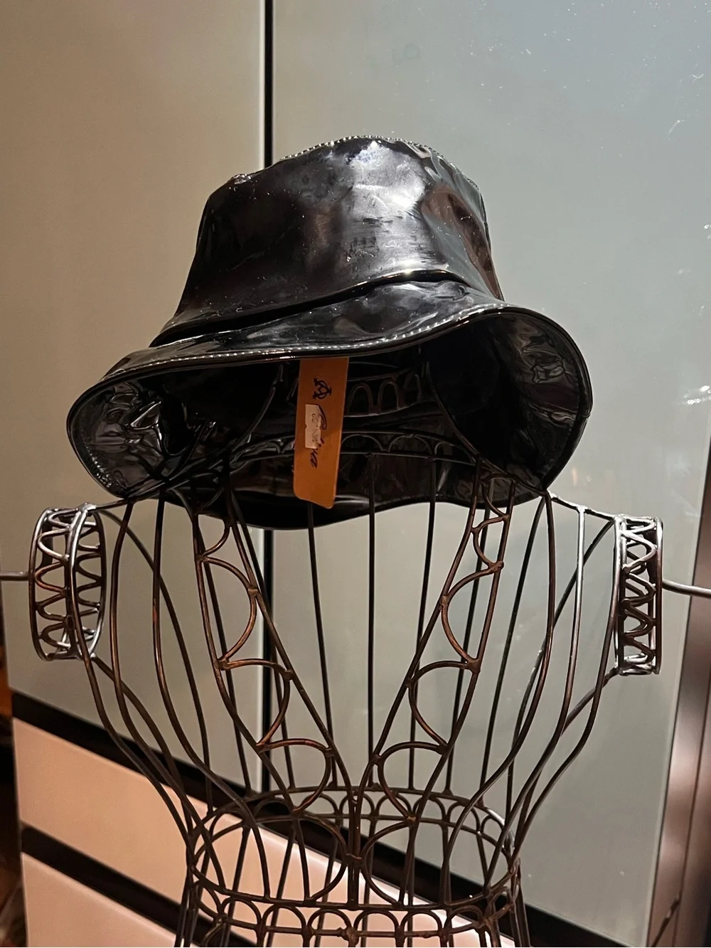 Sleek Black Patent Leather Bucket Hat Glossy Rain Cap Excellent Condition